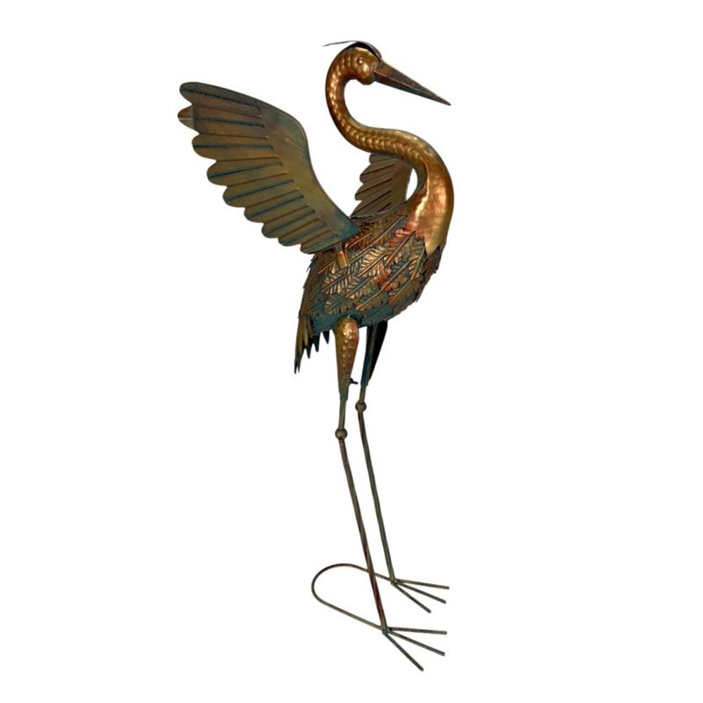 Metal Heron Garden Statue Copper Finish Outdoor Bird Sculpture 33.5 In